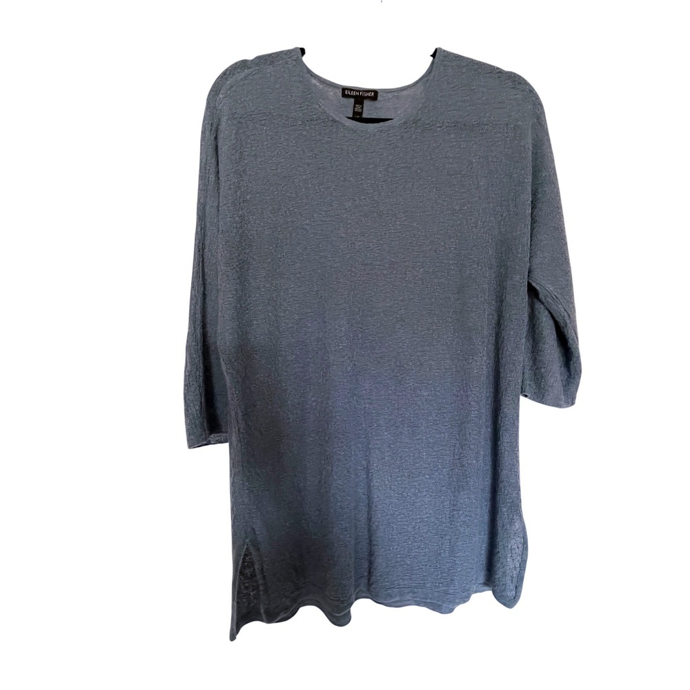 Eileen Fisher Tunic Women L Blue Organic Linen Knit 3/4 Sleeve Side Slit Top